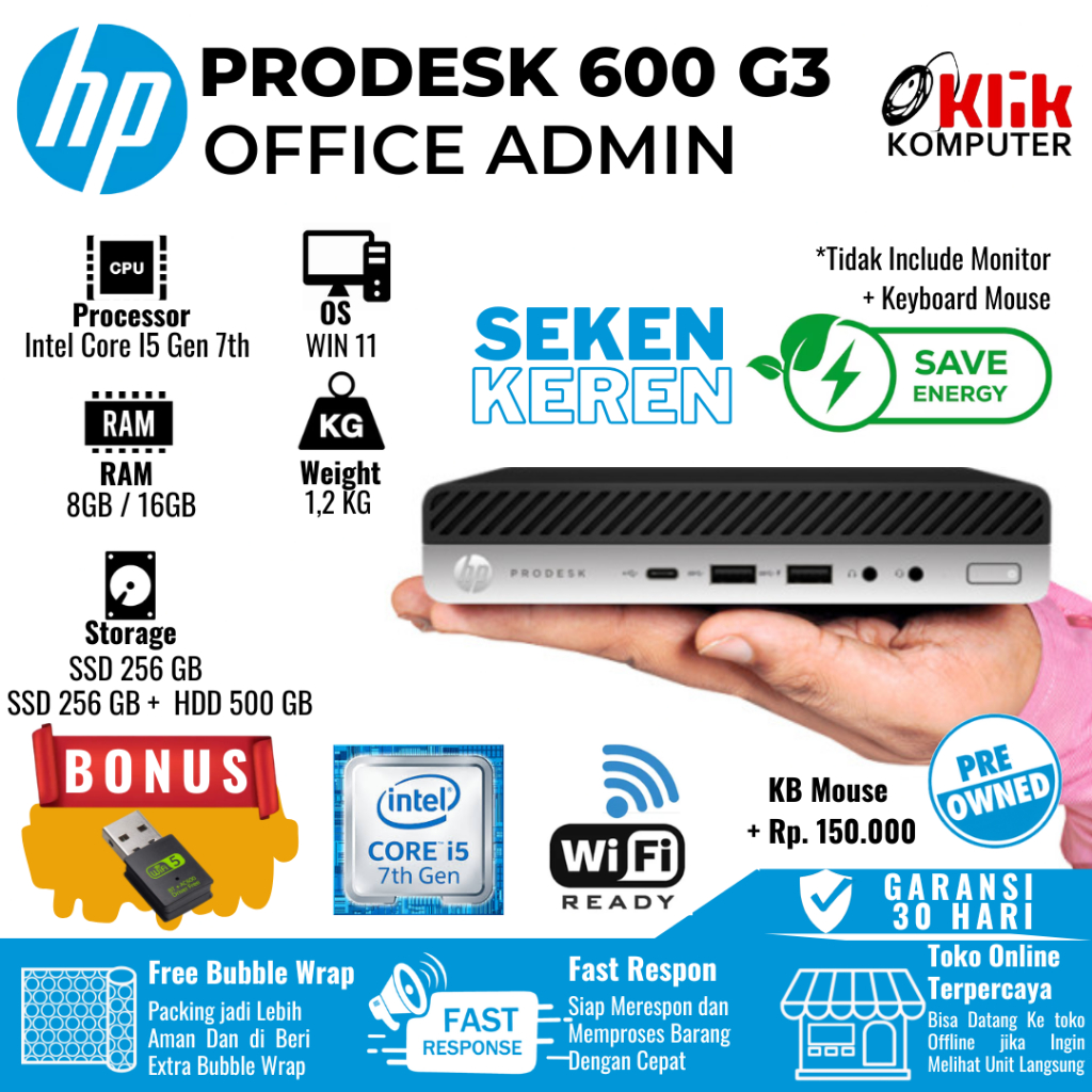 MINI PC HP PRODESK 600 G3 i5 i7 GEN 7 Micro PC Hemat Listrik i5 7500T i7 7700T