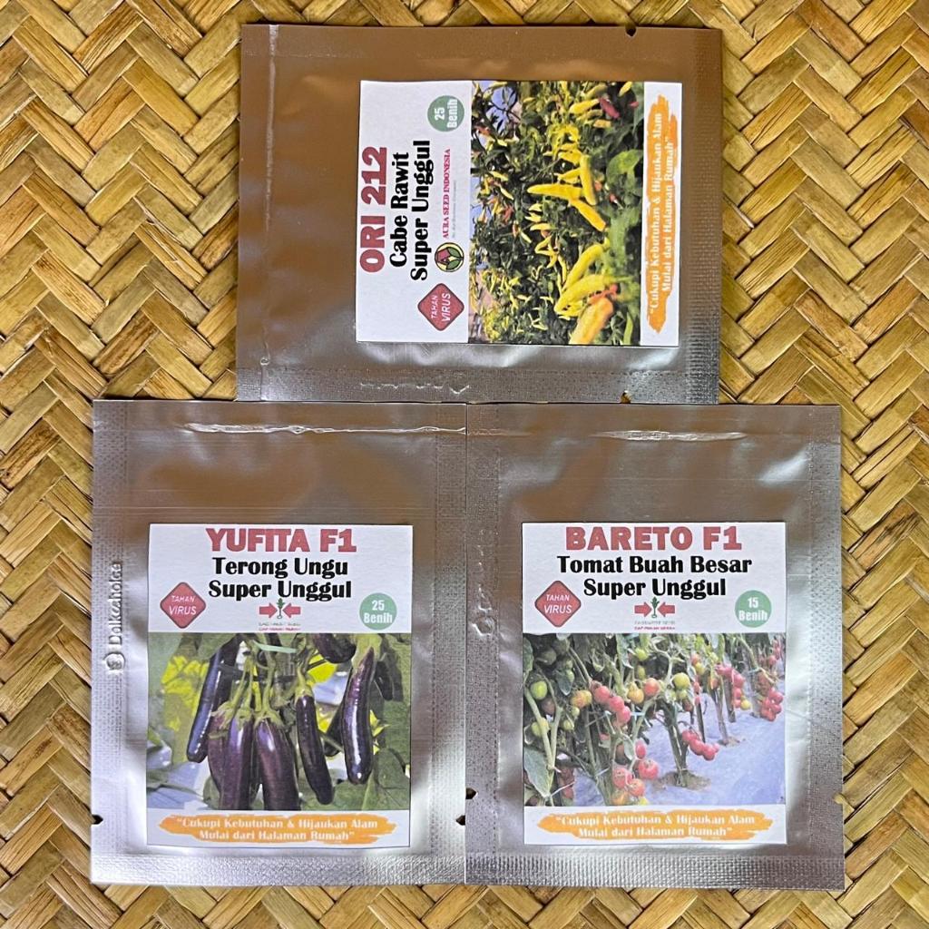 Paket 3 Jenis Benih Tanaman : Cabe Ori 212, Terong Ungu Yuvita F1 & Tomat Bareto F1 Bibit Biji Super