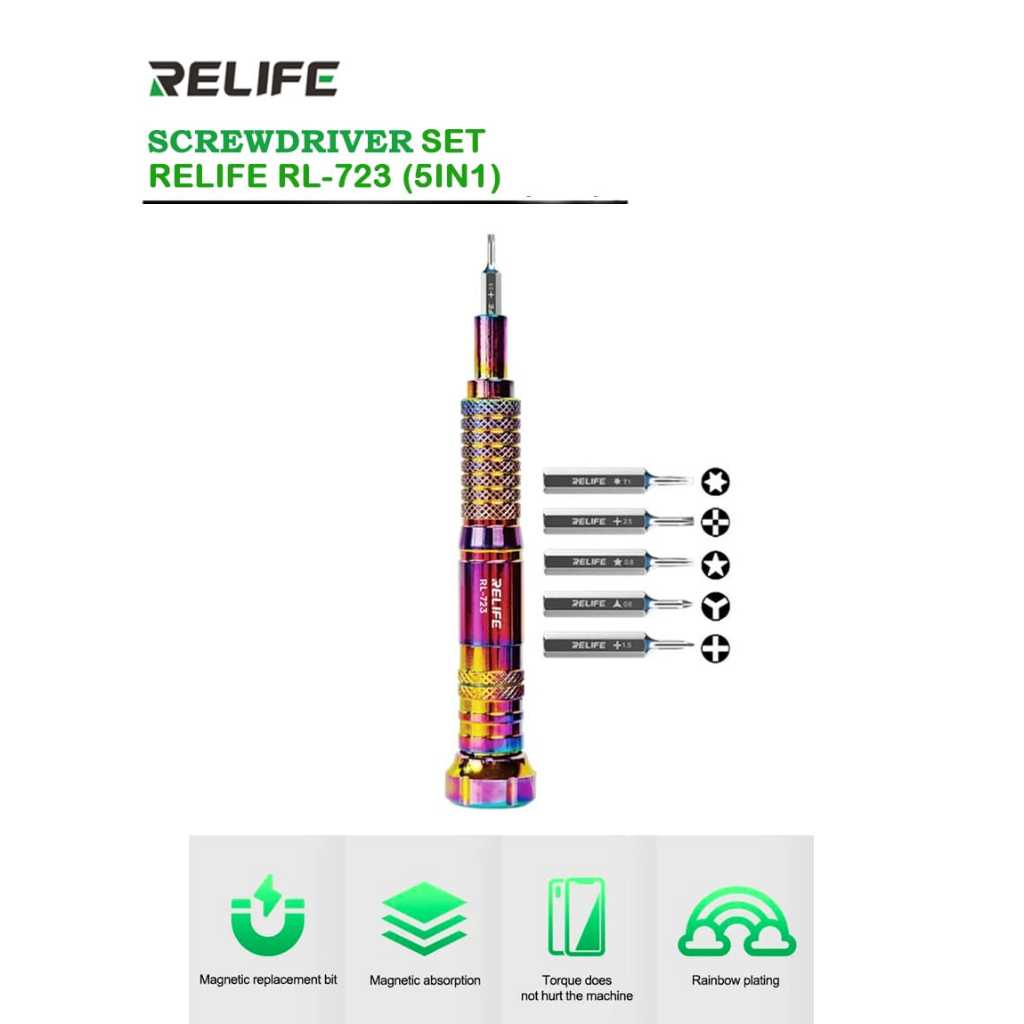 Obeng Servis HP Relife RL-723 (5in1) Original – Obeng Presisi Magnet, Rainbow Plating, Set Obeng Baj
