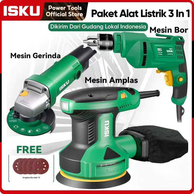 ISKU Mesin Amplas Kayu Bulat Sander 350W/Mesin Gerinda Tangan 4 inch/Mesin Bor Listrik Bolak Bali 70