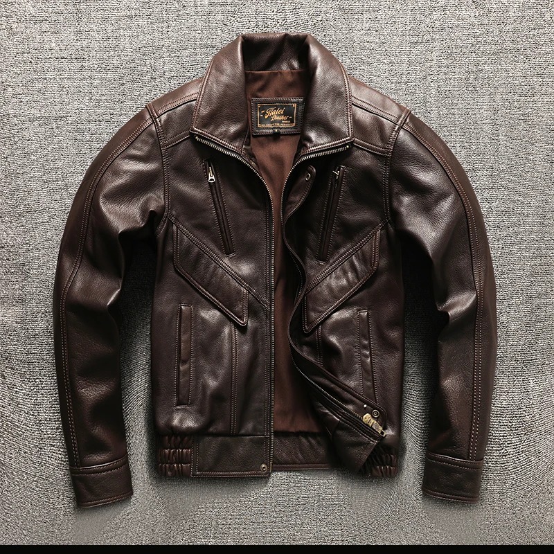 Jaket Kulit Bomber Klasik Pria - Cokelat Vintage Ritsleting Diagonal