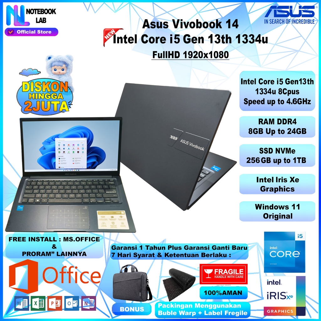 Laptop Asus Vivobook 14 Intel Core i5 Gen 13 1334u RAM 24GB SSD NVMe 1TB FullHD Windows 11 Original