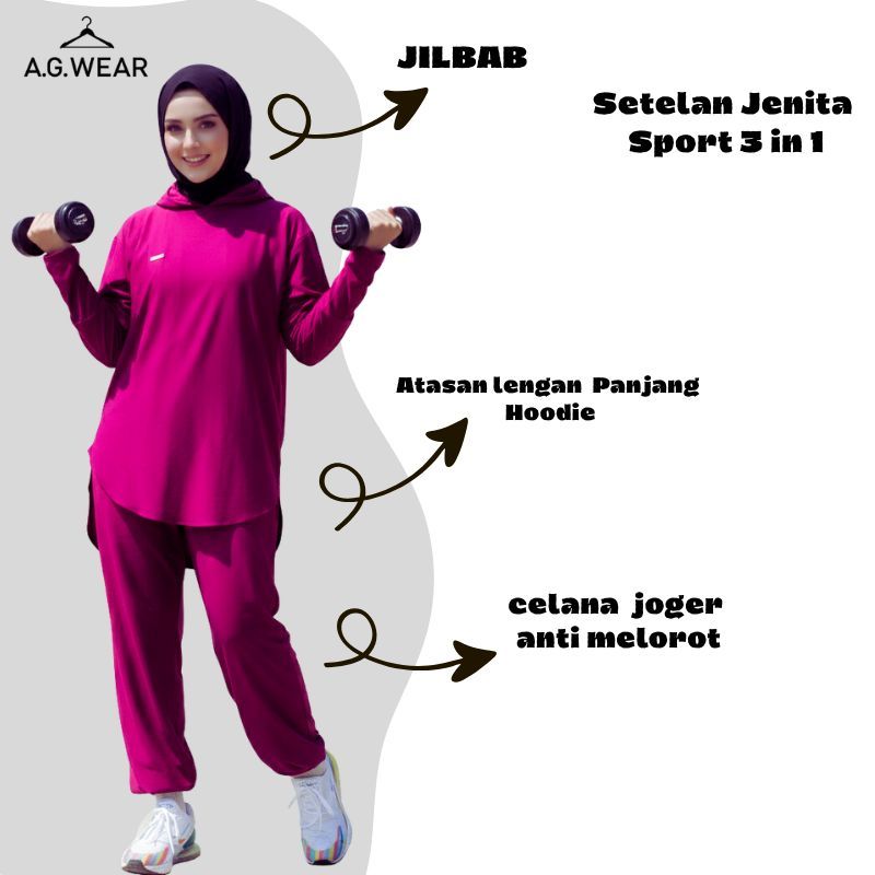 Jenita Set Olahraga Wanita Muslimah Terbaru 3in1 | Setelan Sport Hijab Nyaman Adem Tidak Menerawang 