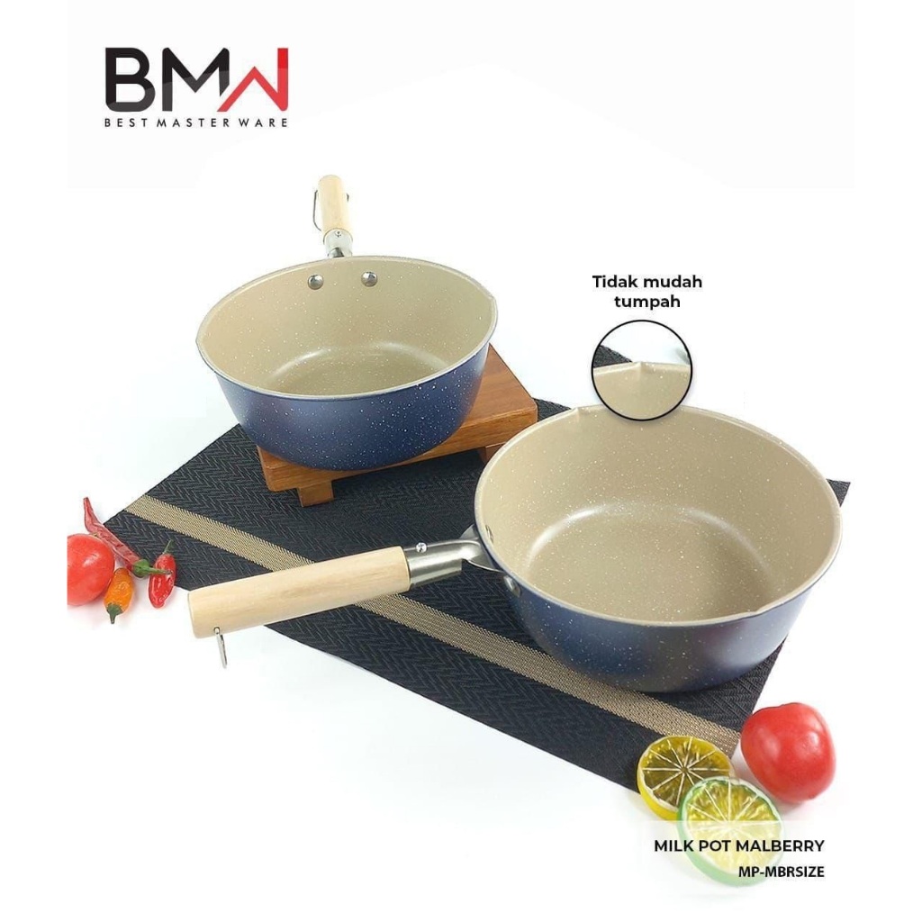 Panci Susu Marble Anti lengket 16 cm Gagang Kayu Panci kecil Panci Milk Pot Panci Enamel Penggorenga