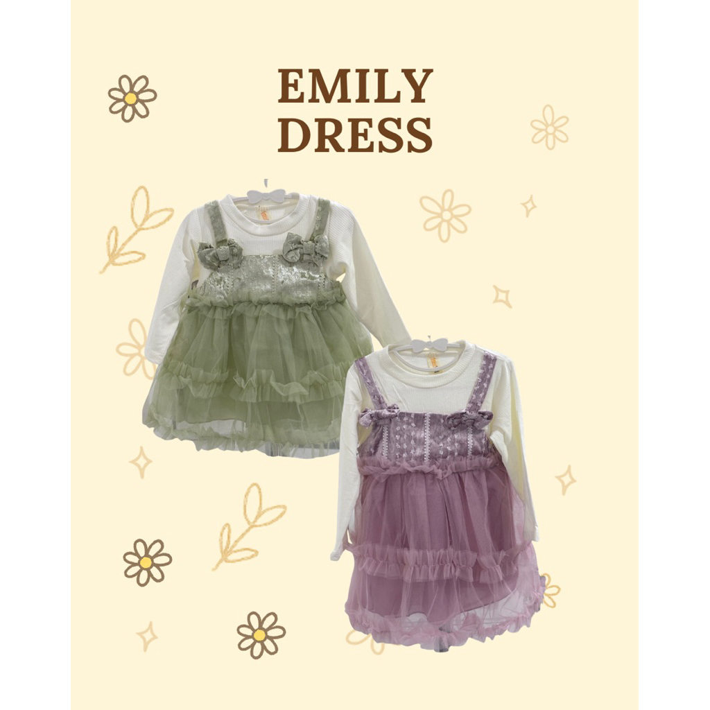 Emily Dress - Gaun Anak Perempuan dengan Ruffle dan Hiasan Bunga Warna Hijau dan Ungu