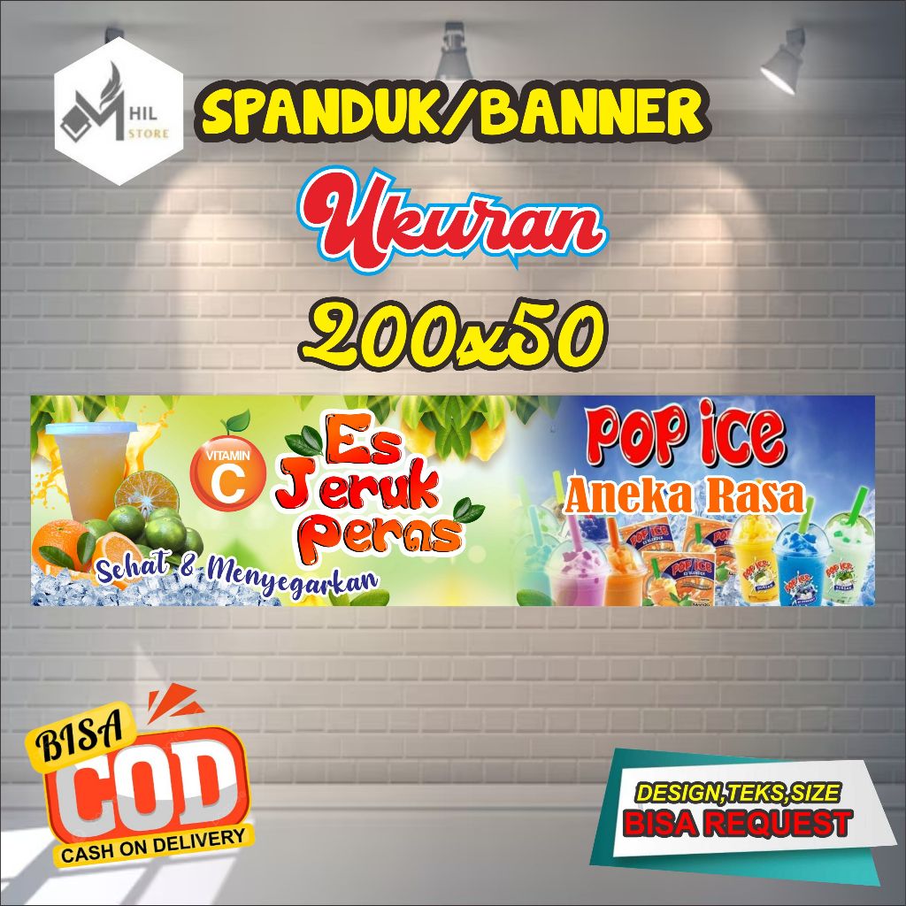 Spanduk Banner 200X50CM Es Jeruk Peras Dan Pop Ice Free Custom Ukuran Dan Design