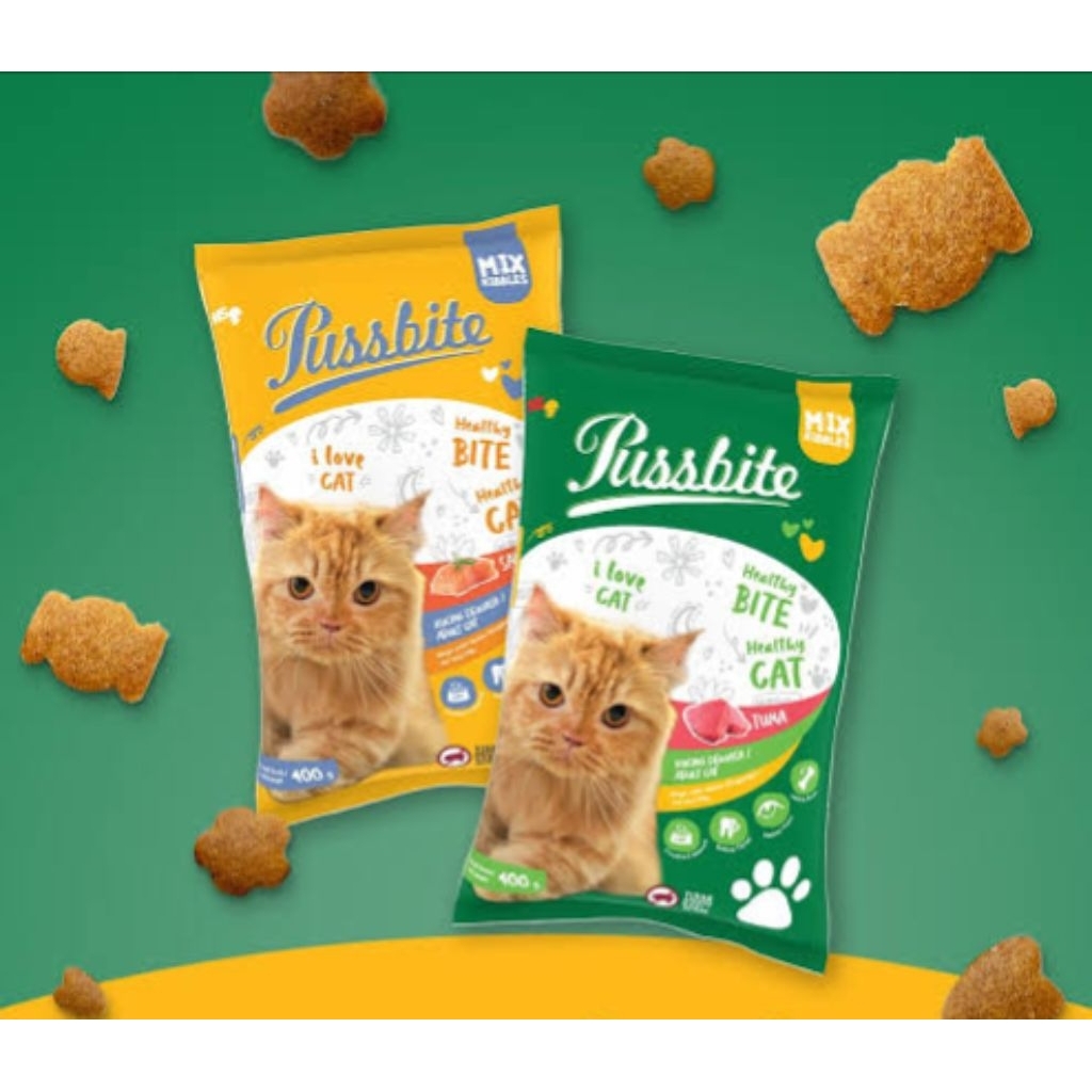 Pussbite 400gr Freshpack – Tuna Hijau / Salmon Kuning / Mother Kitten Oren – Makanan Kucing Murah