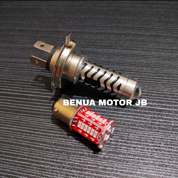 BENUA MOTOR Paket Lampu Led Depan 2 Warna Plus Senja H4 3 kaki + lampu stop runing 30 mata Vixion - 