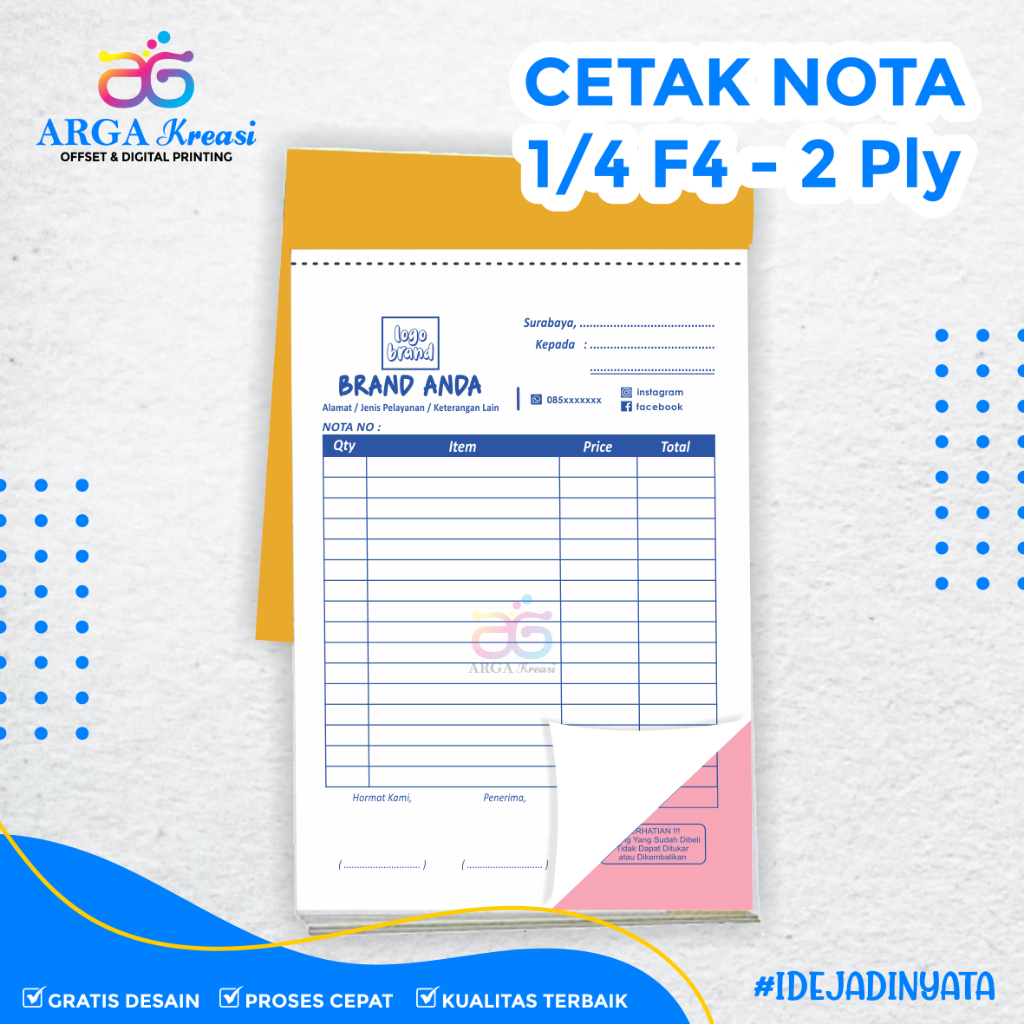 Cetak Nota Custom 2 Ply NCR 1/4 Folio (A6) - Kwitansi Rangkap 2, Nota Laundry - Free Desain
