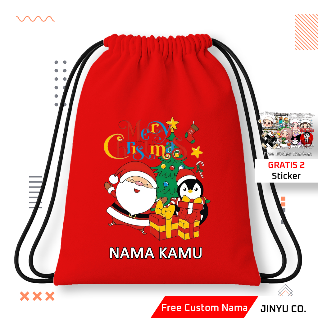 Tas Serut Anak | Tas Serut Anak Natal Merry Christmas Gratis Custom Nama | Tas Serut Anak Custom