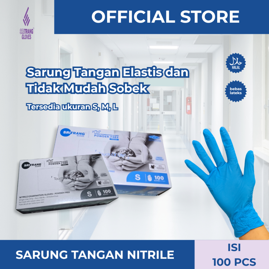 Sri Trang Sarung Tangan Nitril Bebas Lateks Halal Warna Biru dan Hitam Isi 100 pcs