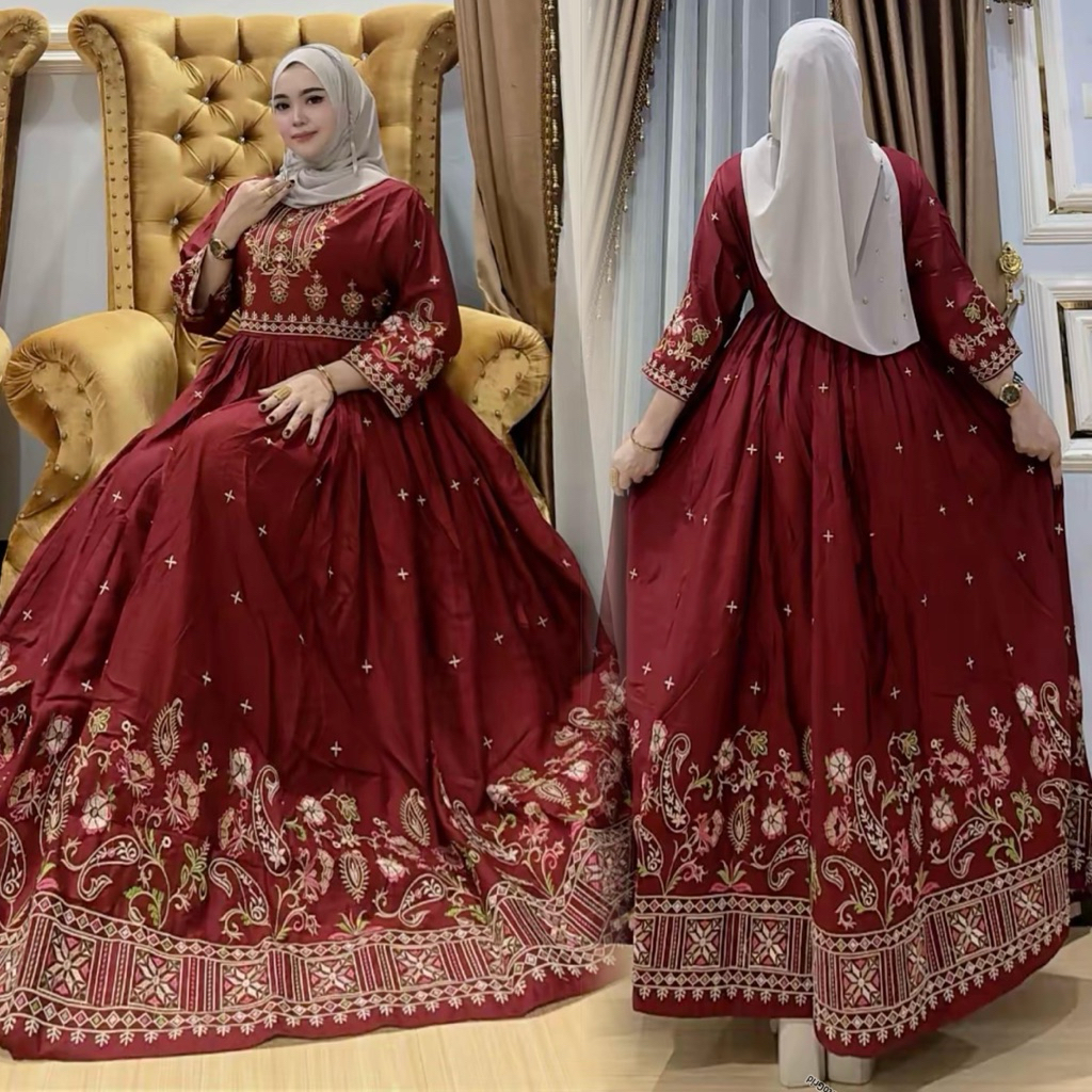 Gamis hindi Syakira Bordir Keliling Klok mayung 5Meter FREE CEPOL random hindi rayon premium Dress w