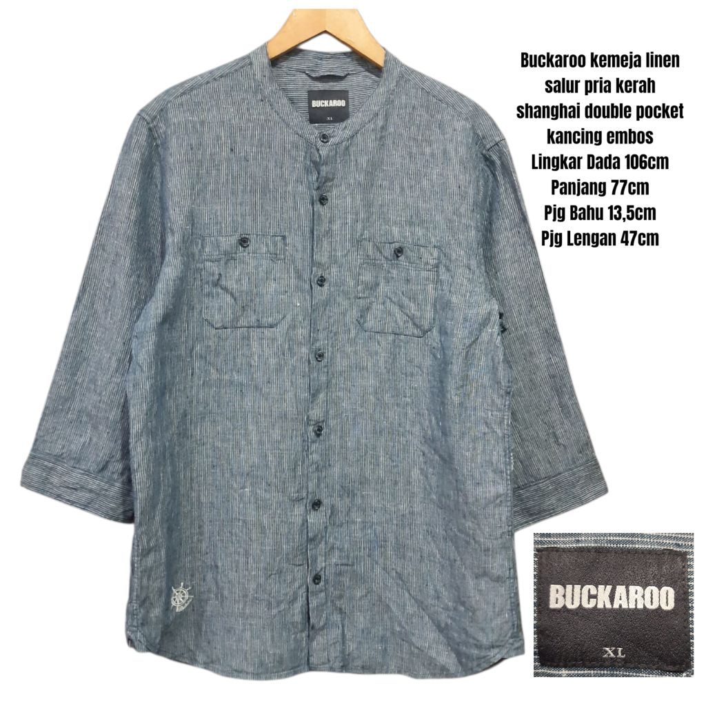 Buckaroo kemeja linen salur pria kerah shanghai double pocket kancing embos