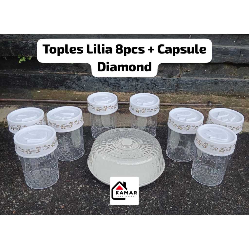 TOPLES PYREX LILIA SET 6 & 8 PCS + CAPSULE TEMPAT KUE DIAMOND BAHAN AKRILIK PIREX TUTUP DRAT PUTAR