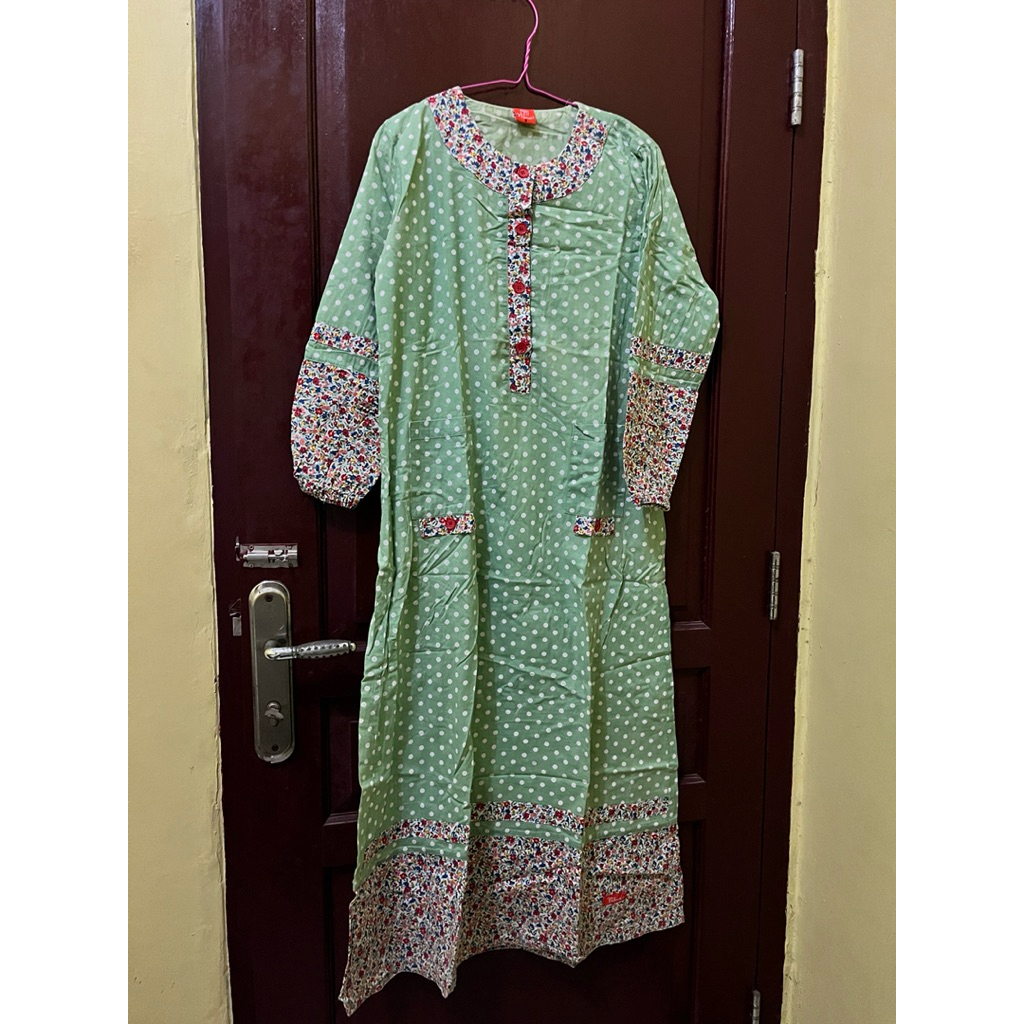 dress wanita gamis muslimah merek nibras motif warna hijau sage