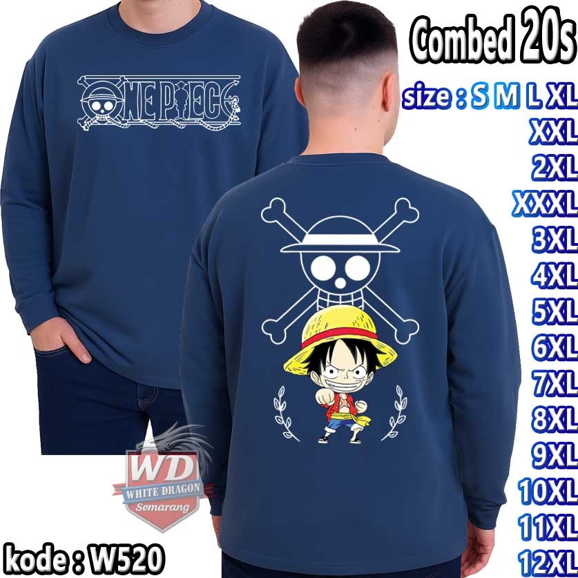 KAOS LENGAN PANJANG MONKEY D LUFFY KODE W520 BIG SIZE JUMBO 2XL 3XL 4XL 5XL 6XL 7XL 8XL 9XL 10XL 11X