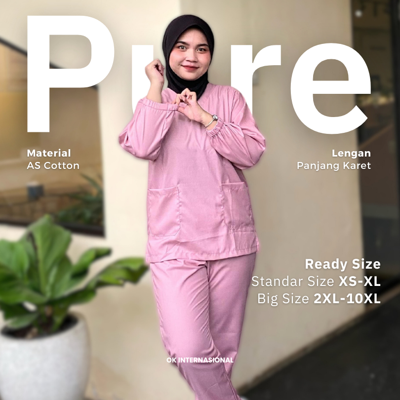 (Pure AS Cotton - Lengan Panjang Karet) Setelan Baju Celana Jaga Ok Oka Scrub Medis Nakes Perawat / 
