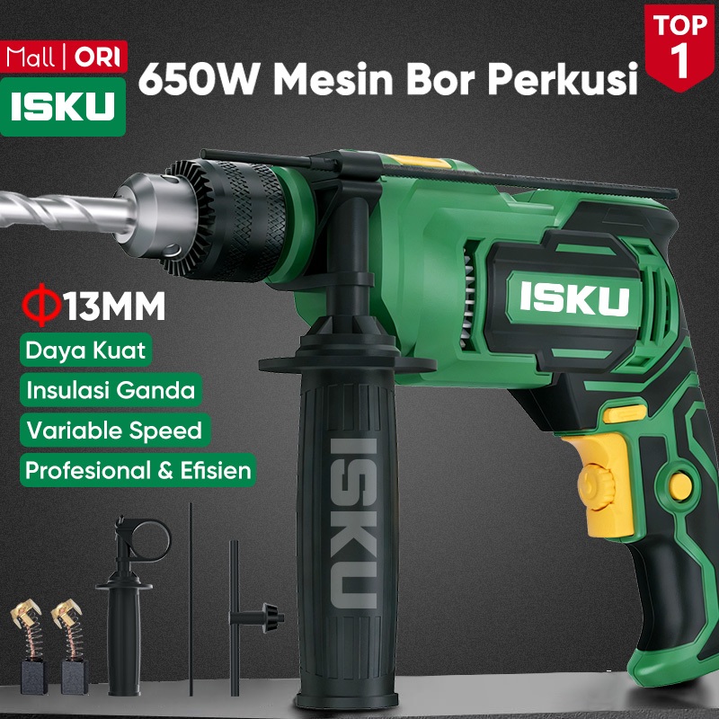 ISKU Mesin Bor Tembok 13mm Impact Drill Listrik 650W Bor Beton Kayu Besi Bolak Balik Variable Speed 