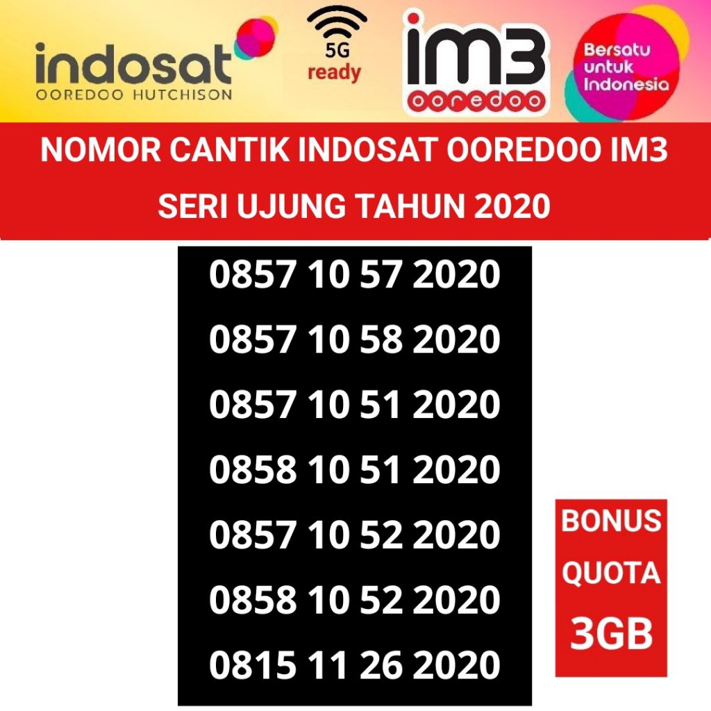 nomer cantik indosat ooredoo im3 seri tahun 2020 nomor kartu perdana 4G 5G internet freedom 3GB
