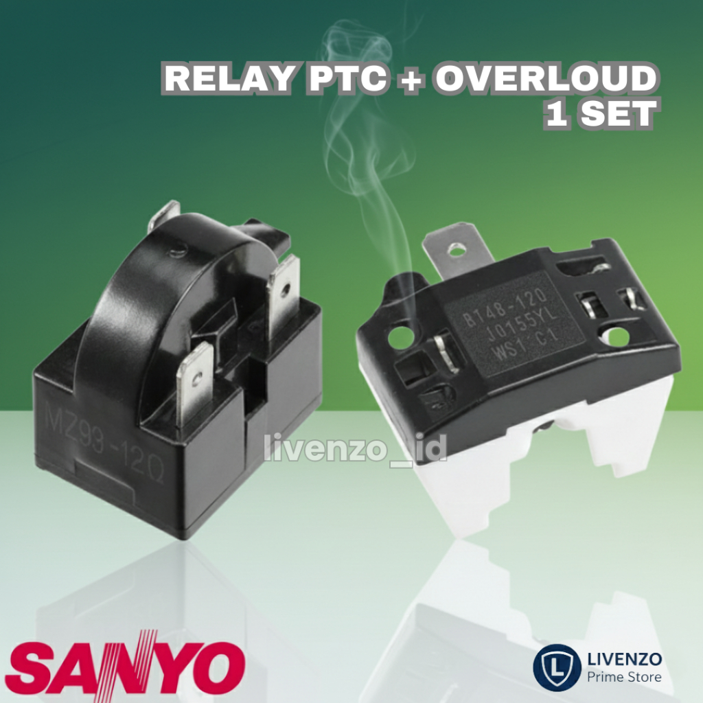 PAKET RELAY 3 PIN + PTC OVERLOAD KULKAS SANYO / RILAY PTC + OVERLOAD KULKAS SANYO 1 PINTU / 2 PINTU 
