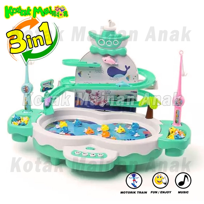 Mainan Edukasi Anak FIshing Hero 3in1 Pancingan Ikan Magnet Seluncuran Dolphin Piano