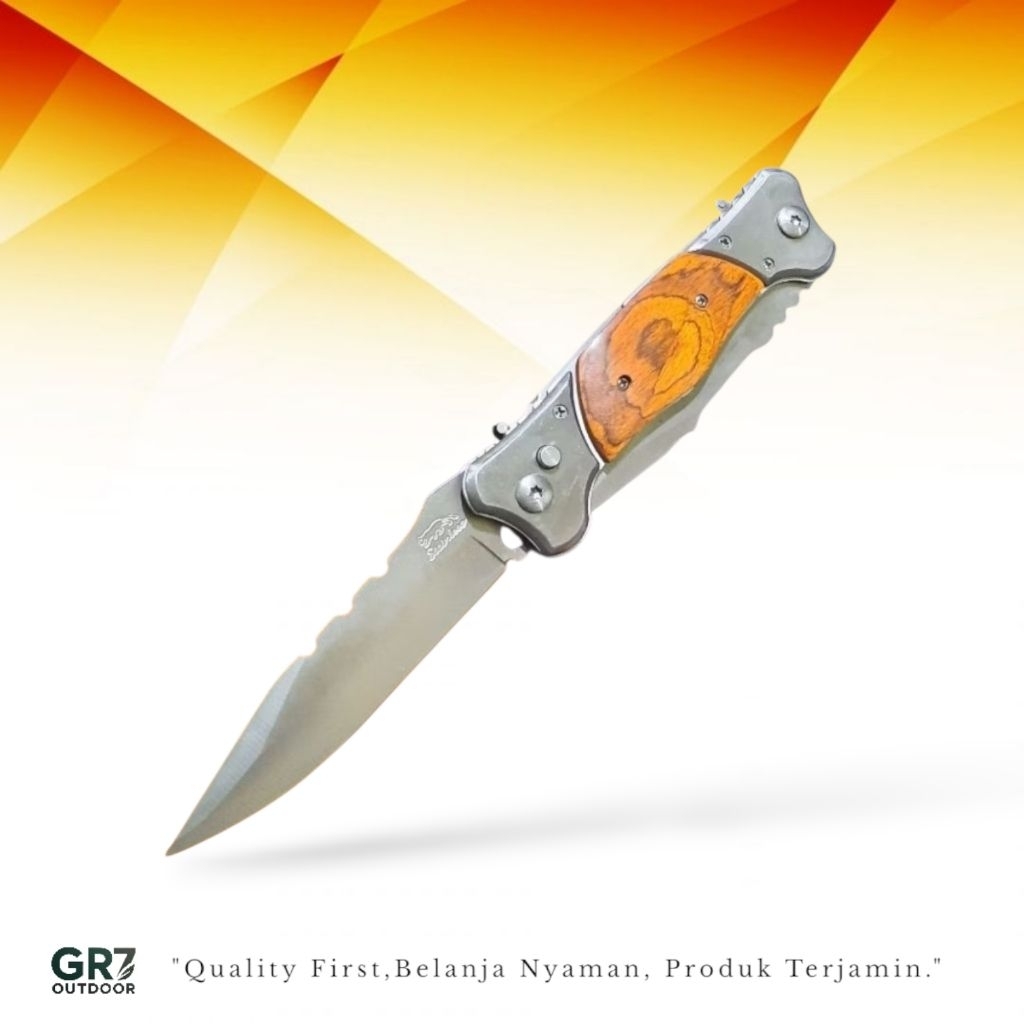 Pisau Survival Lipat Outdoor Double Blade Automatic Gagang Kayu Ergonomis