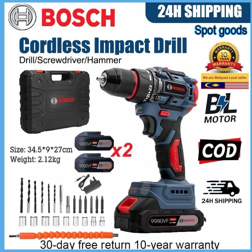 Bosch Mesin bor 2baterai cas 10mm bor listrik murah bor tangan baterai besi tembok Beton kayu