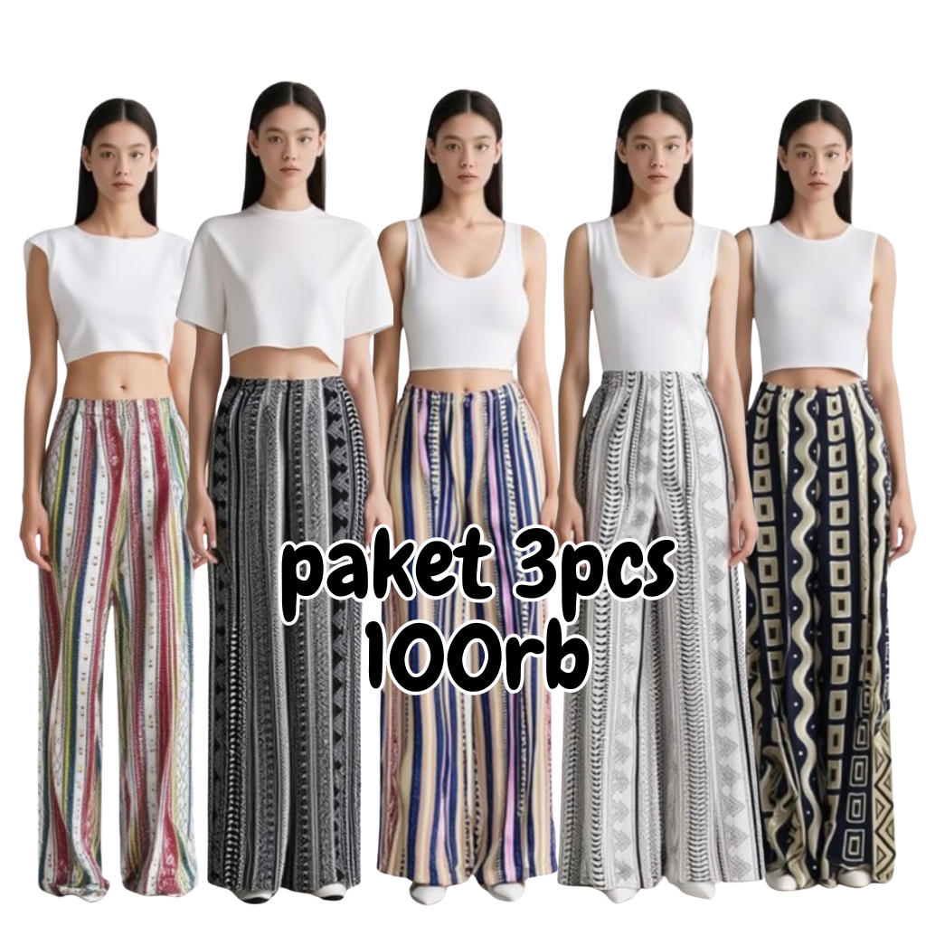 Paket 3pcs Celana Kulot Hommy Wide Leg Wanita – Motif Trendy & Adem Dipakai Celana Kulot Wanita Moti