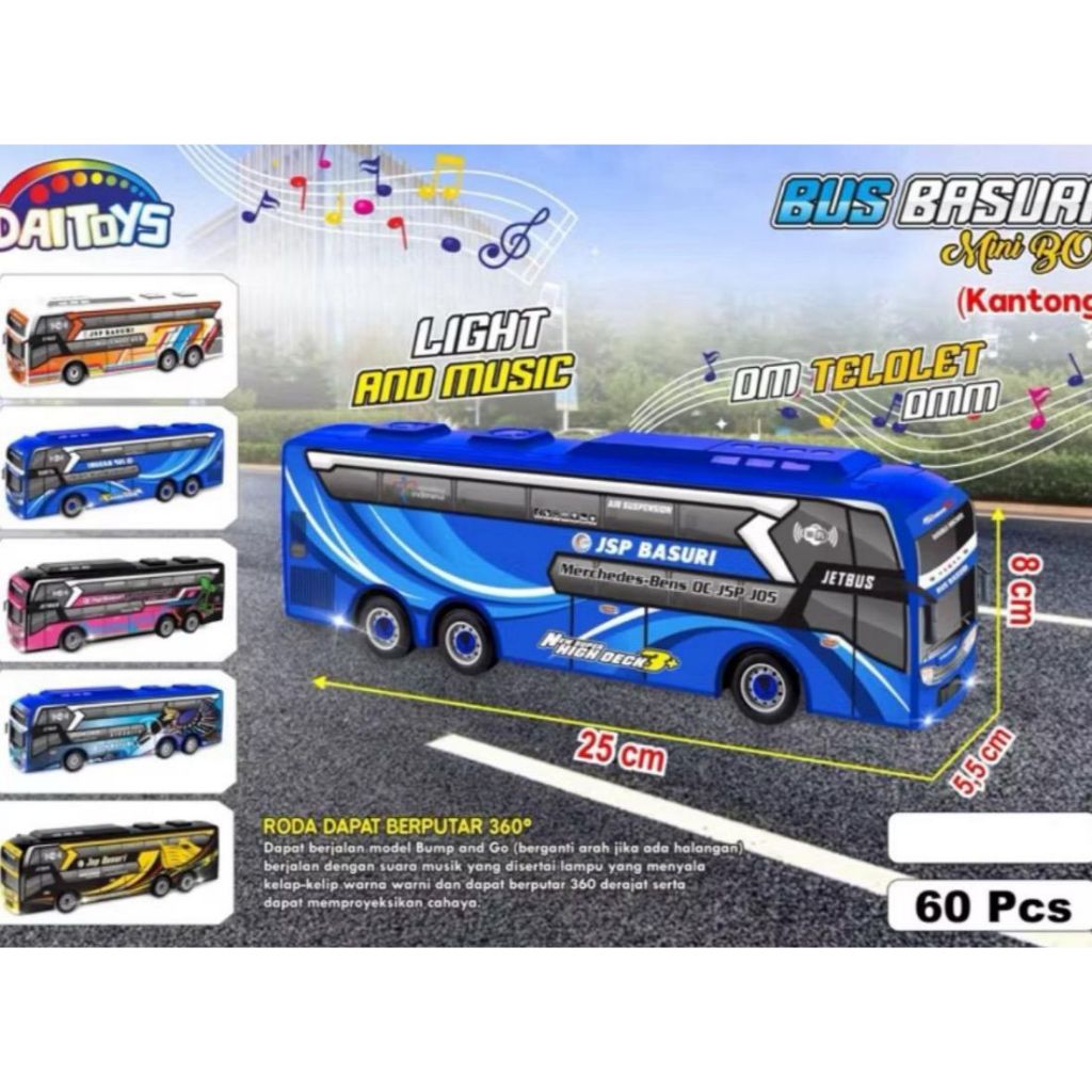 Mainan Anak MINI DM25 Bus Kendaraan Basuri BO Suara Basuri Telolet Model Baru Musk Lampu
