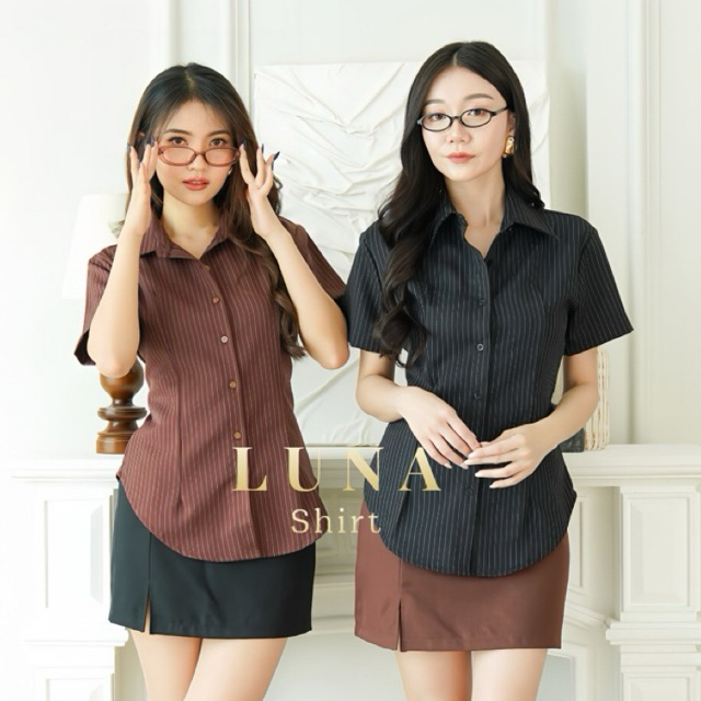 FLOWZY - Luna Kemeja Wispie Lengan Pendek | Kemeja Fitt Body | Bahan Semiwool Stripe | Atasan Wanita