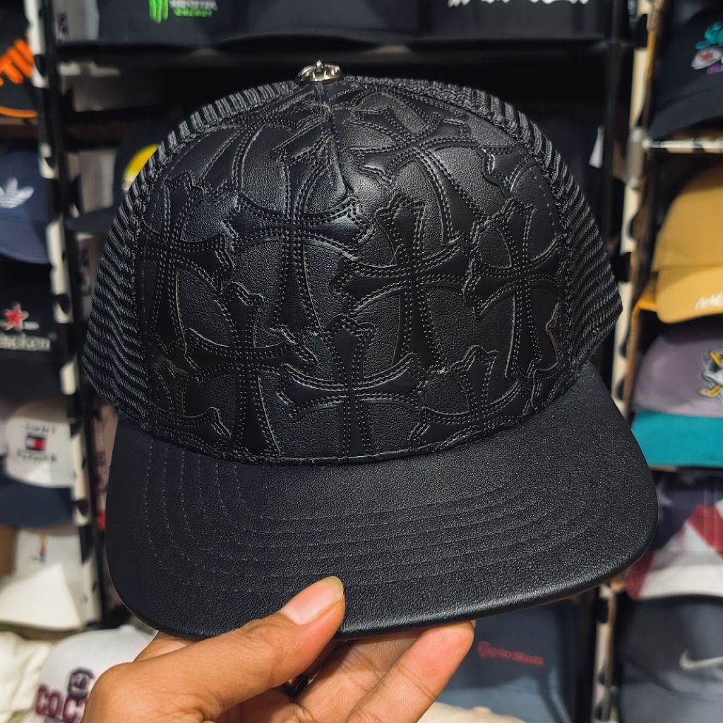 Chrome Hearts cemetery cross leather trucker hat