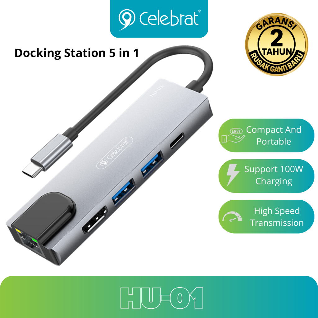 Celebrat Docking Station 5 in 1 Type-C Hub USB 3.0 2.0 HDMI 4K/30Hz Type-C PD 100W Adapter Portable