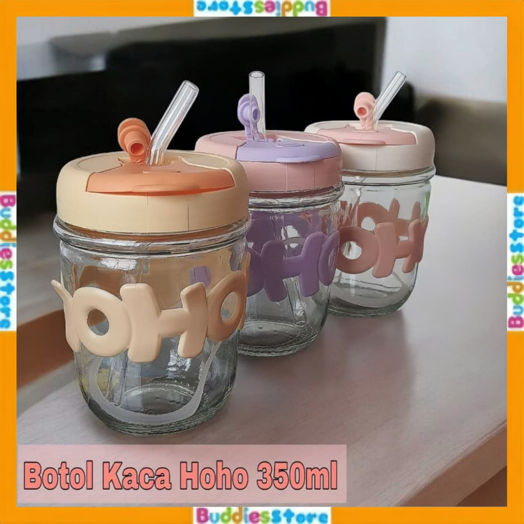 BOTOL MINUM KACA HOHO 350ML DENGAN SEDOTAN - TUMBLER TRANSPARAN