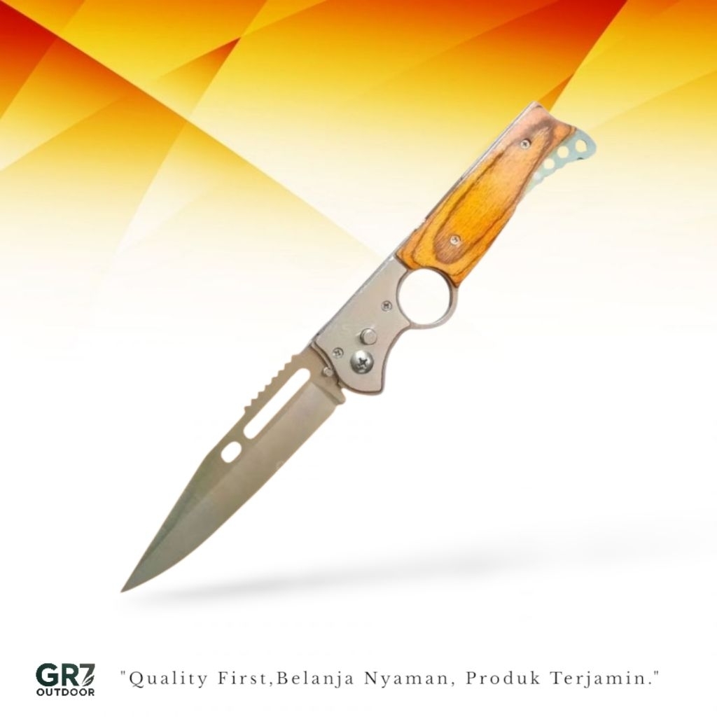 Pisau Survival Lipat Outdoor Automatic Gagang Kayu Include Sarung