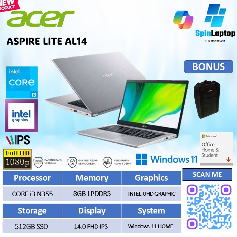 Laptop ACER Aspire Lite 14 AL14 Intel Core i3 N355 8GB 512GB SSD Layar FHD IPS Windows 11 OHS Baru