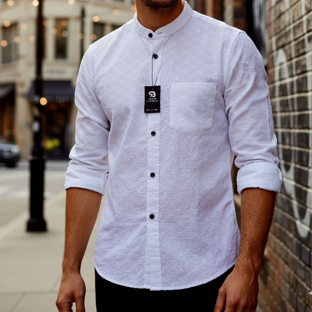 ASB Baju Koko Pria Full Bordir Putih Emas Lengan Panjang Kerah Shanghai Atasan Terbaru