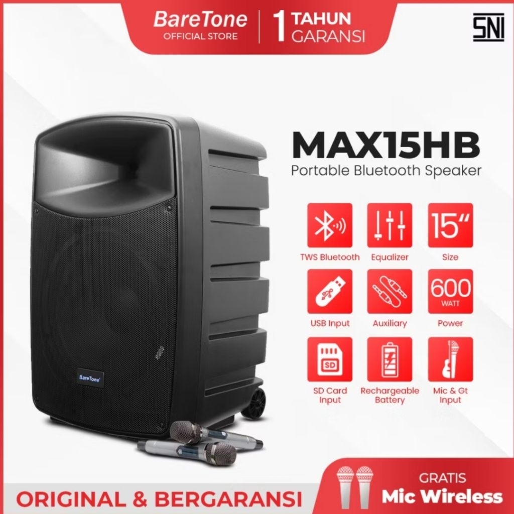 Portabel Speaker 15 inch ORIGINAL BARETONE MAX-15HB ( 15 INCH ) 600 WATT Original Garansi Resmi 1 Ta