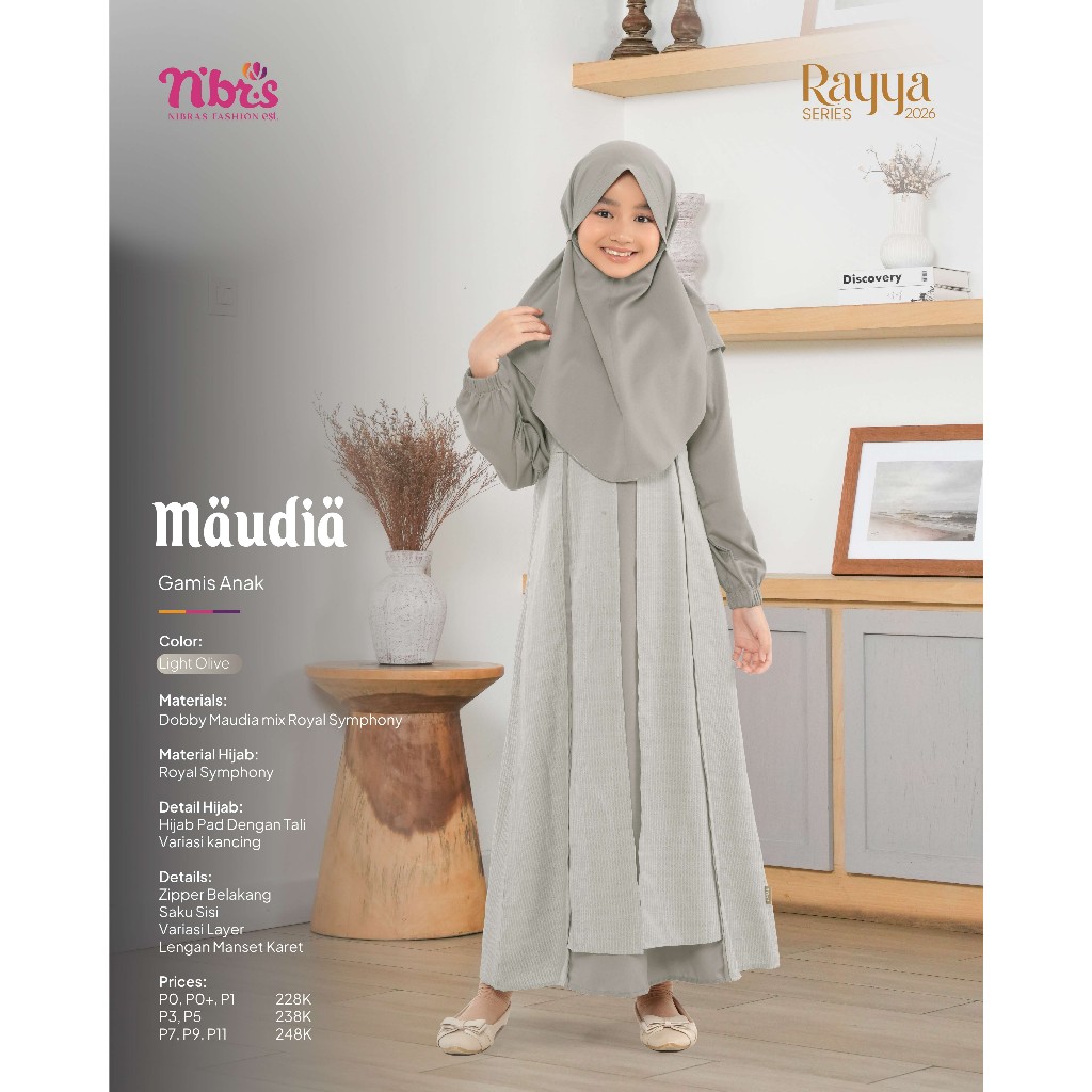 MAUDIA KOKO ANAK DAN GAMIS ANAK NIBRAS RAYYA 2026 WARNA LIGHT OLIVE,LILAC