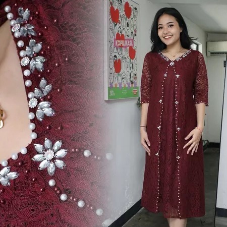 Drees Gabriela Brokat Mix Payet MIDI Wanita / Dres Kondangan Modern Baju Wanita / Dres Seragam Natal