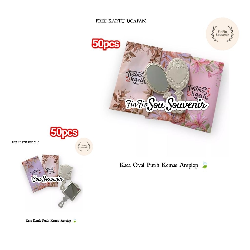 (isi 100pcs) Souvenir Cermin / Kaca Putih Kemas Amplop Bonus Kartu ucapan terimakasih / paket hemat 