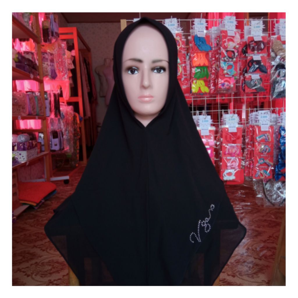 Jilbab hitam pet panjang belakang