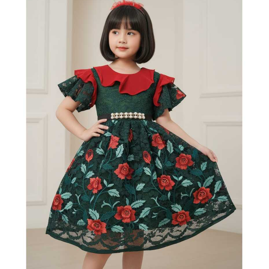 Gaun Dress Pesta Anak Model Mawar Angella Terbaru Bahan Brukat Cornelly Bordir Import Mix Ceruty