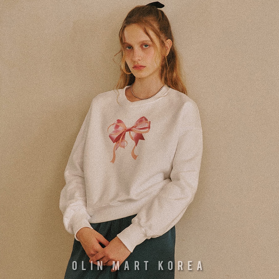 RONRON DOUBLE RIBBON CROP SWEATSHIRT WHITE