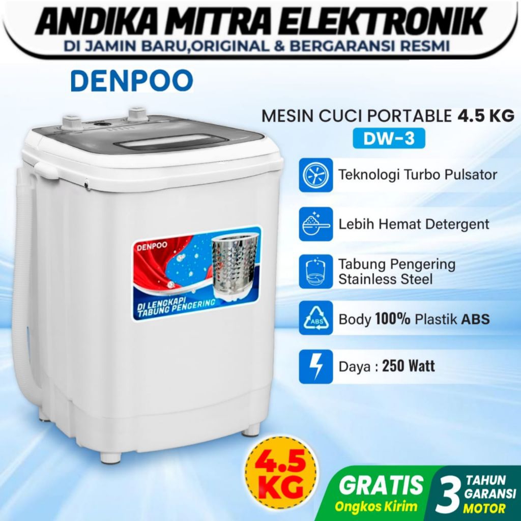 DENPOO MESIN CUCI PORTABLE MINI HEMAT LISTRIK-DW - 3 ( 4.5 KG )