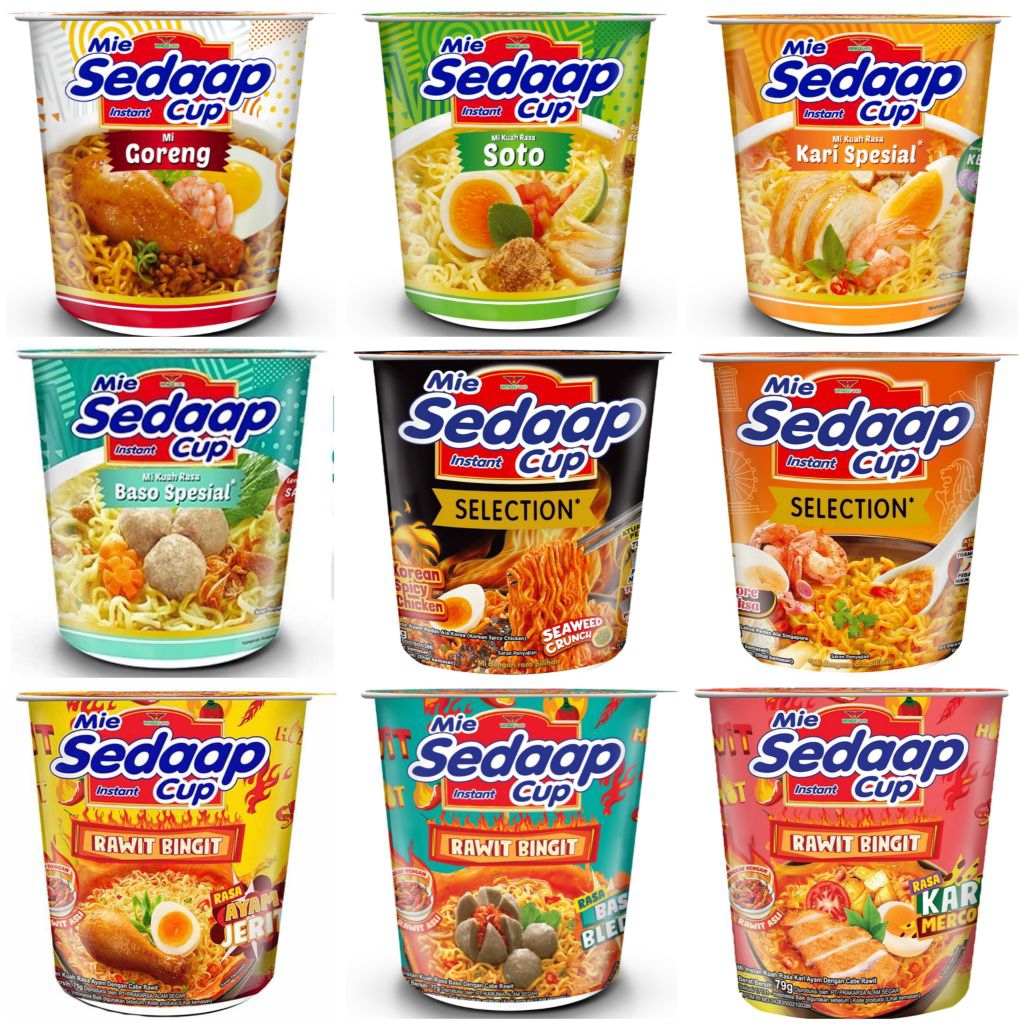 Sedaap Aneka Mie Instant Cup seduh ayam jerit rawit kari soto goreng korean spicy soup baso ayam nam