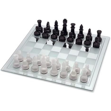 Avant-Garde Black Frosted Glass Chess Set with Mirror Board