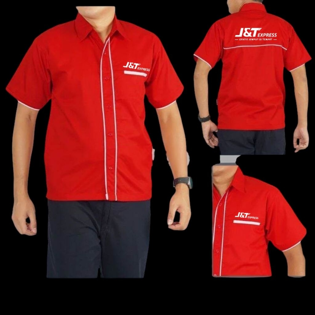 Kemeja J&T Express Seragam J&T Merah Lis Putih Pendek