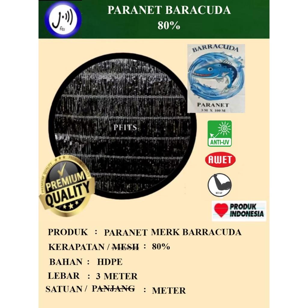 Paranet Baracuda 80% Eceran L 3 m/ shading net/ agronet/ jaring anti UV/ jaring peneduh/ jaring tana