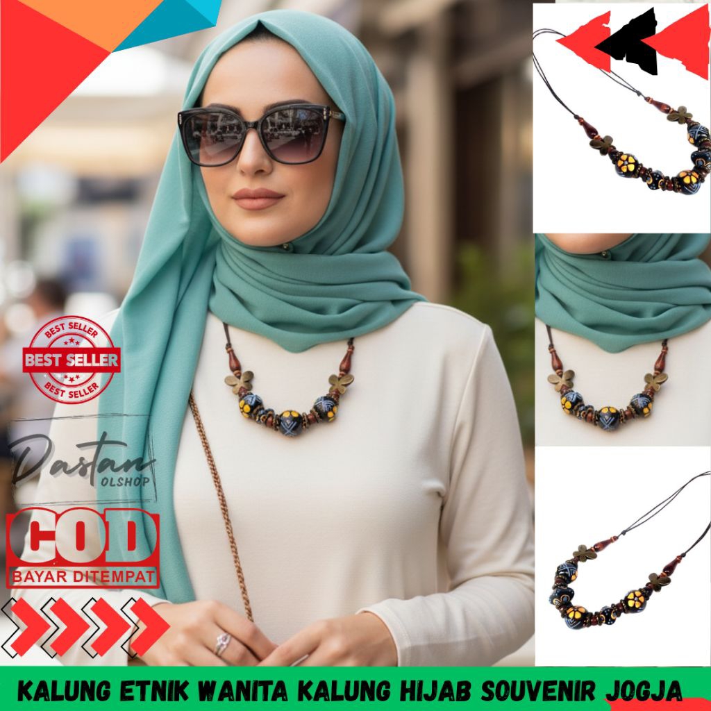 Kalung tali etnik khas jogja motif batik kayu souvenir malioboro kalung hijab accessories wanita