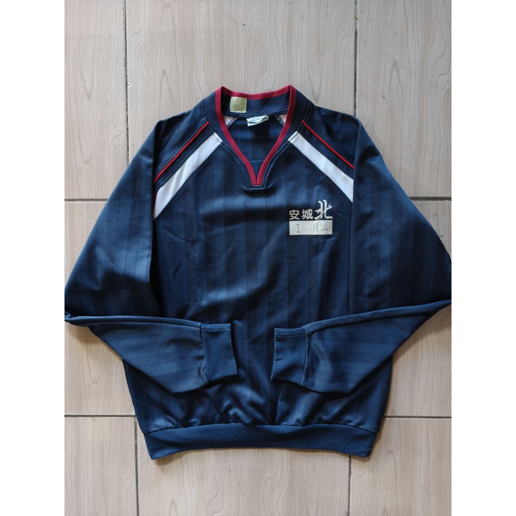 Tracktop Casual Crewneck Merek Hit Union Bahan Lotto Jaspo Warna Biru Salur Tua Lis Merah Putih Size